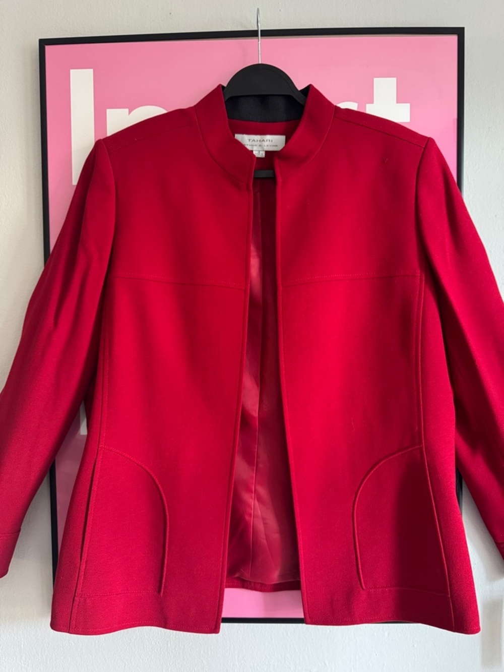 TAHARI Red Stand-Collar Open Front Jacket